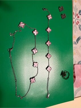 Pink Clover Motif Necklace, Bracelet & Ring Set - Women Jewelry